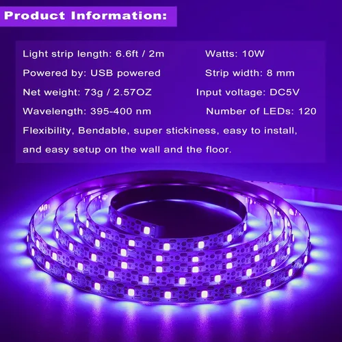 Miniatura 2 de Tiras de luz LED negras de 6.6 pies, 120 perlas de lámpara, kit de tira de luz negra LED con cable USB de 1.5 m, tira de luz Blacklight flexible