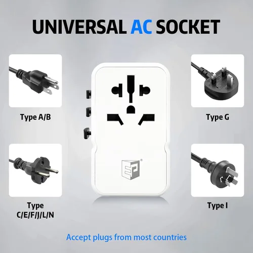 Miniatura 5 de EP Adaptador de viaje universal de 85 W, adaptador de corriente internacional con 3 puertos USB-C y 2 puertos USB-A, adaptador de enchufe mundial