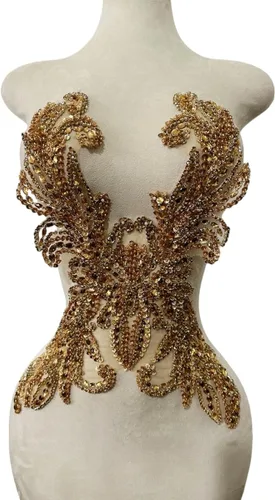 Miniatura 2 de Accesorios de apliques de encaje hechos a mano con diamantes de imitación puros para coser a mano, parches para vestido de novia de niña (champán)