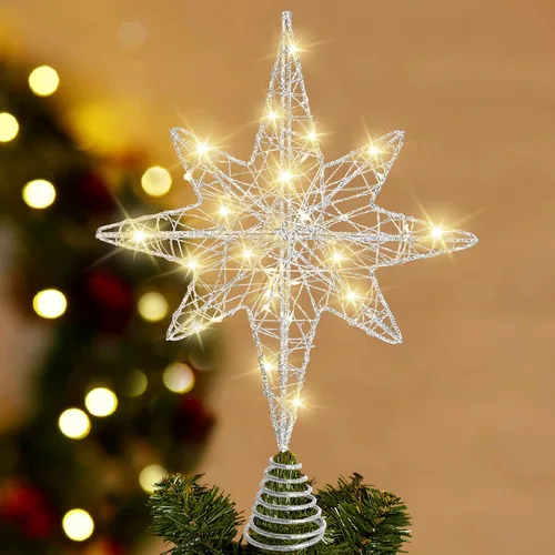 Miniatura 11 de DULEFUN Estrella LED de 11.8 Pulgadas para la Punta del Árbol - Adorno de Metal Dorado con 20 Luces para Decoración de Árbol de Navidad y Decoración