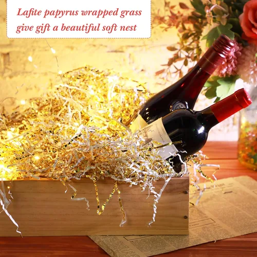 Miniatura 7 de Outus Papel de corte arrugado dorado y blanco de 1 libra, papel triturado para cesta de regalo, papel de hierba de graduación para Navidad, caja