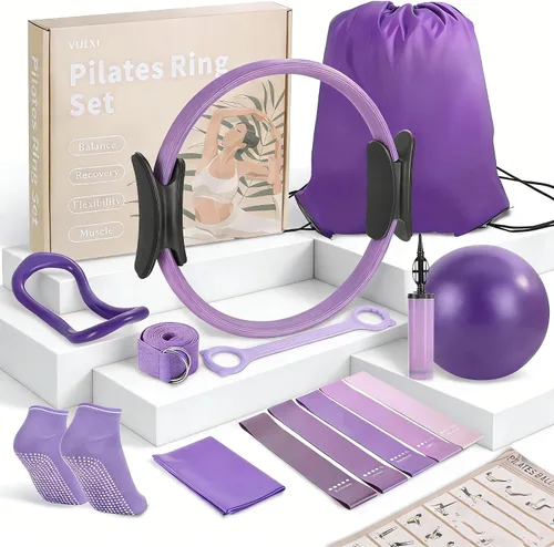 Kit de equipo de pilates para el hogar: incluye un anillo de pilates de 14 pulgadas, una bola de pilates de 9.8 pulgadas, 5 bandas de resistencia y