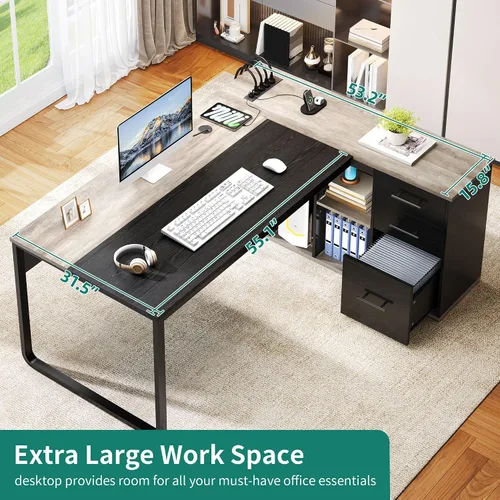Miniatura 4 de YITAHOME Escritorio ejecutivo con tomas de corriente, escritorio en forma de L de 71 pulgadas con archivador, escritorio ejecutivo con cajones