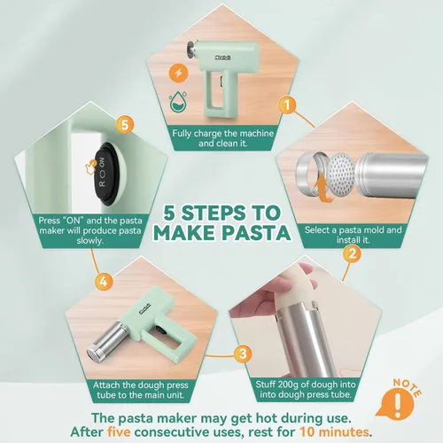 Miniatura 4 de Newhai Máquina de pasta portátil de mano 5 en 1, máquina de pasta inalámbrica con disco moldeador, máquina eléctrica de fideos para ramen