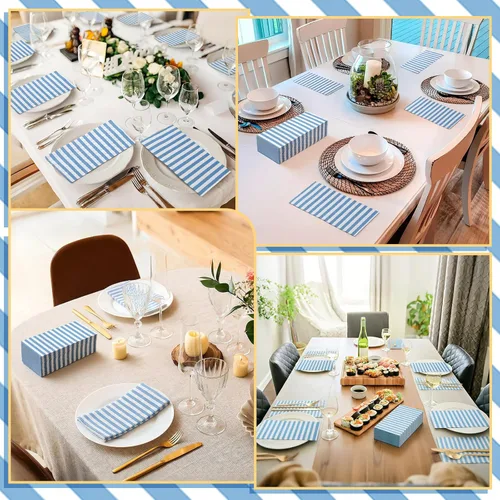 Miniatura 5 de Geyoga 200 servilletas de papel a rayas azules y blancas clásicas de papel a rayas horizontales desechables para baño, invitados, cena, servilletas