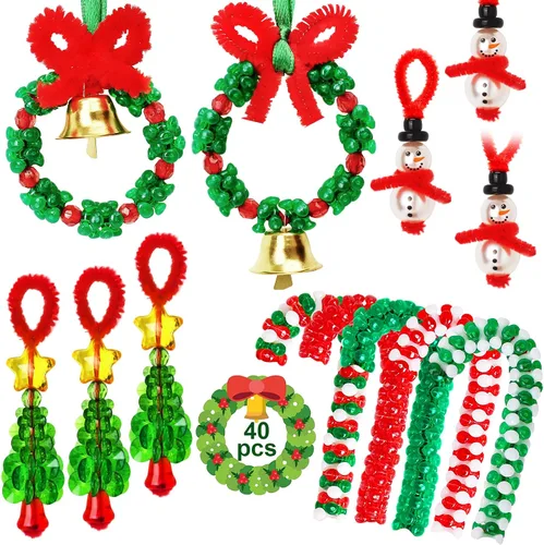 AWHETIE Manualidades de Navidad para niños y adultos, 40 juegos de kit de adornos con cuentas, incluye 20 piezas de corona con campana/5 piezas de