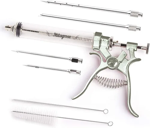 Miniatura 10 de Inyector de Carne Pistola de Marinado de Acero Inoxidable Kit Exterior Jeringas de Alimentos con Sabor y 4 Agujas de Marinados para Parrilla BBQ Rojo