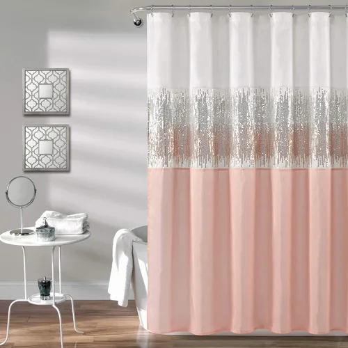 Lush Decor Cortina de Ducha Night Sky, Individual, 72" An x 72" L, Blanco y Rubor - Cortina de Ducha con Lentejuelas - Cortina de Baño con Brillos