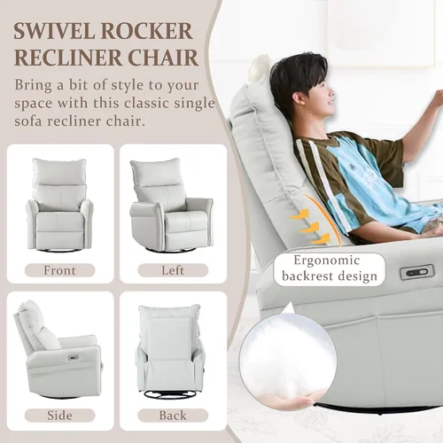 Miniatura 5 de Silla reclinable giratoria eléctrica para guardería, silla mecedora giratoria tapizada de 270° con puertos USB, reclinables pequeños para espacios