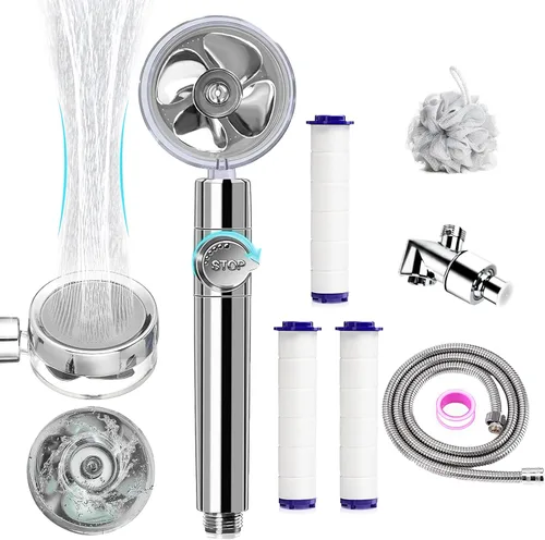 Cabezal de ducha de mano turbocargado, cabezal de ducha de mano de alta presión con ahorro de agua con filtros, interruptor de pausa, Hydro Jet Gris