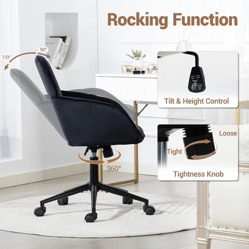 Miniatura 5 de Silla de Oficina para Hogar, Silla Moderna de Maquillaje de Terciopelo con Base Dorada y Ruedas, Silla de Escritorio Giratoria con Altura Ajustable
