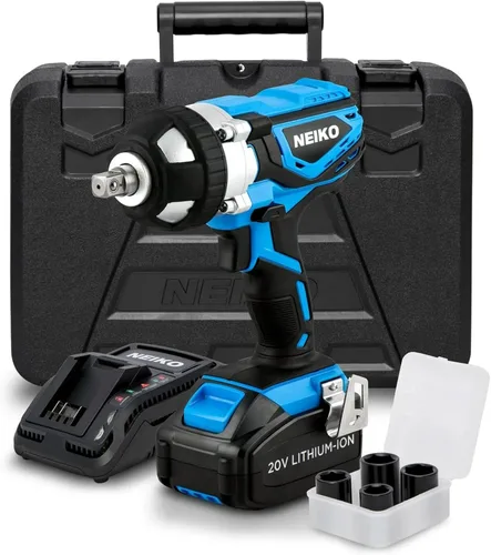 Neiko 10878A Juego de Llaves de Impacto Eléctricas Inalámbricas de Alto Torque con Tracción de 1/2 Pulgada con Batería de Carga de Iones de Litio de