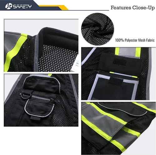 Miniatura 4 de JKSafety - Chaleco de alta visibilidad de 9 bolsillos en negro para hombres y mujeres, chaleco reflectante de alta visibilidad de malla