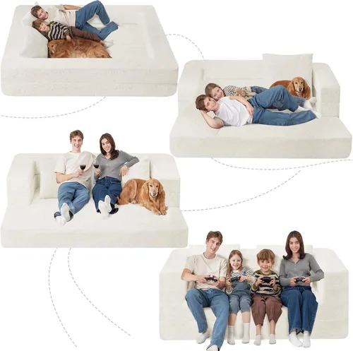 Miniatura 9 de Cama humana gigante para perro, cama 3 en 1 para perro de tamaño humano con funda de piel sintética lavable, cama grande plegable humana para Blanco