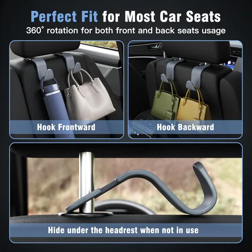 Miniatura 4 de Amooca - Gancho para reposacabezas de asiento de coche, 4 unidades, organizador de almacenamiento universal para bolso de mano, abrigo, ajuste negro