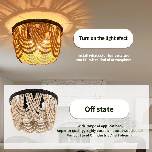 Miniatura 2 de Lámpara de techo de madera con cuentas de granja, 3 luces, estilo bohemio, con cuentas de madera, accesorios de iluminación vintage para entrada