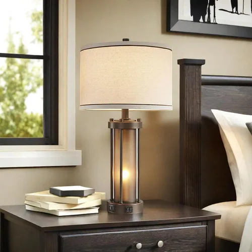 Miniatura 7 de Juego de 2 lámparas de mesa de estilo granja para sala de estar con 2 puertos de carga USB, lámparas rústicas vintage para mesita de noche con luz