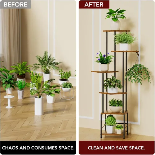 Miniatura 5 de Homsorout Soporte para plantas de interior con luz de crecimiento, soporte alto para plantas de 5 niveles para interiores, estante de metal