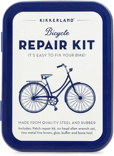 Kikkerland Kit de reparación de latas de bicicleta, herramientas de reparación y mantenimiento de bicicletas de bricolaje, acero y goma, incluye