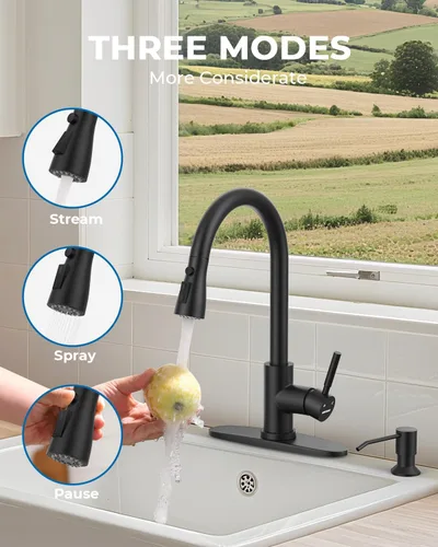Miniatura 4 de WEWE Grifo de cocina con dispensador de jabón y rociador extraíble, grifo clásico de acero inoxidable de 3 modos para autocaravana, negro mate