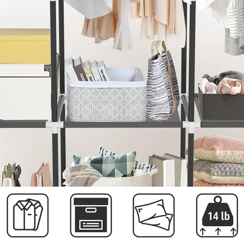 Miniatura 7 de LOKEME Armario portátil, armarios portátiles para colgar ropa con 3 varillas para colgar y 6 estantes de almacenamiento y 4 bolsillos laterales