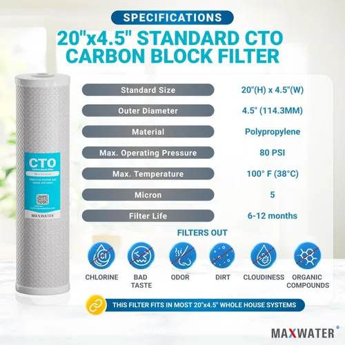 Miniatura 2 de Max Water Cartucho de filtro de bloque de carbono CTO de 20 x 4.5 micrones, reemplazo de filtro de agua para toda la casa compatible con FC25B