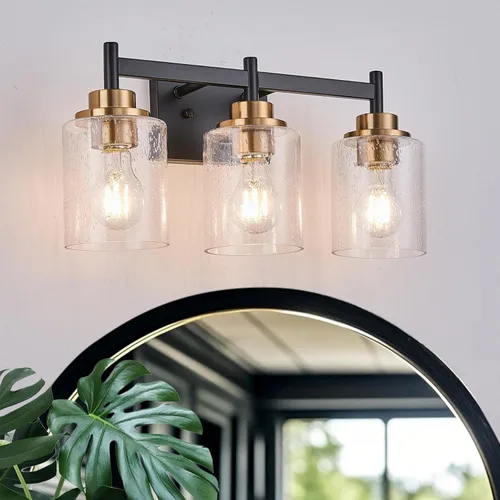 Miniatura 8 de Apliques de pared para baño negros y dorados, juego de 2 1 luz, 4.375 pulgadas de ancho, lámpara de tocador de vidrio blanco - Montaje de pared