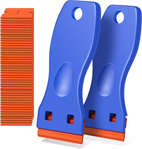 Raspador de cuchilla plástico para retirar pegante, adhesivos, calcomanías, pintura del automóvil, ventanas y vidrio, paquete de 2 raspadores y 120