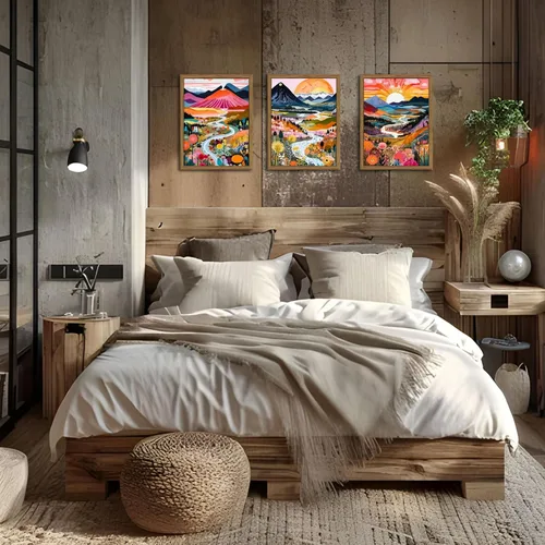 Miniatura 2 de Marco de madera bohemio colorido arte de pared, juego de 3 acuarelas abstractas de paisaje de montaña, pintura para decoración de pared, arte