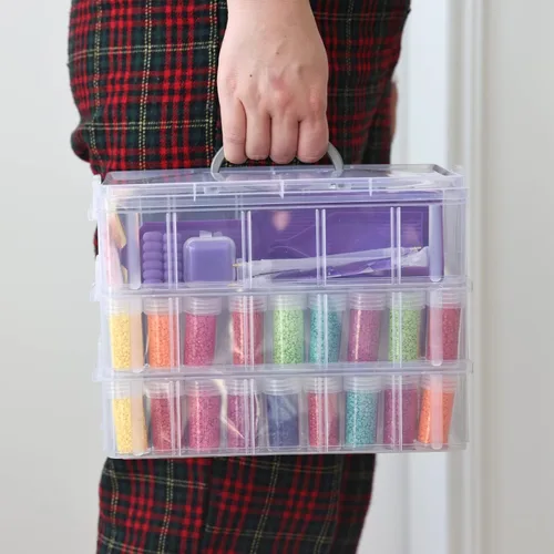 Miniatura 7 de QUEFE Contenedor de almacenamiento de pintura de diamante de 3 niveles, 100 ranuras, organizador de cuentas apilable transparente con accesorios