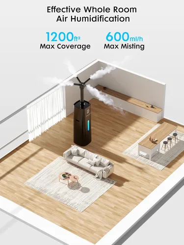 Miniatura 2 de Humidificador Nexva de 15L/4Gal para Habitación Grande, Neblina de 600mL/h, Cobertura de 1200 pies², Control Automático de Humedad, Tiempo de Negro