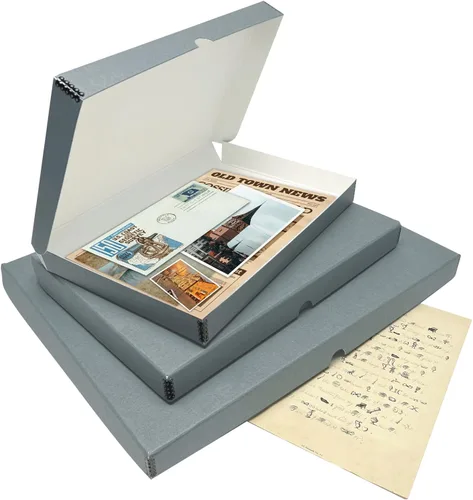 Miniatura 5 de Lineco Caja de Almacenamiento de Folio, Diseño de Concha de Almeja con Borde de Metal. 11.5 x 17.5 x 1.75 Pulgadas, Cartón de Archivo, Conserva Gris