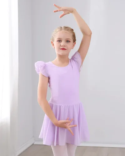 Miniatura 7 de Stelle Leotardos de ballet para niñas, leotardo de baile con falda, traje de ballet rosa, manga con volantes, vestido de baile para niños
