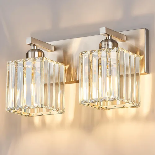 Lámpara de tocador moderna de 2 luces de níquel cepillado, lámpara de tocador de cristal, luz de pared de baño, accesorios de iluminación de baño