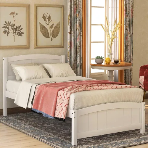 Miniatura 2 de Base de cama individual de madera para niños con cabecero y estribo, cama de plataforma de tamaño individual para niños y niñas, camas individuales
