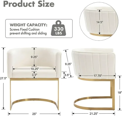 Miniatura 2 de Hyfirm Juego de 2 sillas de comedor de barril beige y dorado, modernas sillas tapizadas de terciopelo con respaldo curvado para isla de cocina