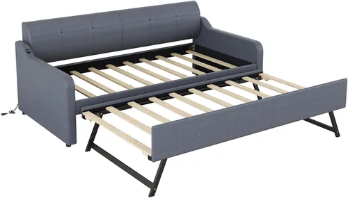 Miniatura 8 de Sofá cama individual con nido, sofá cama de tapicería con diseño de carga USB, nido puede ser plano o erigido, gris