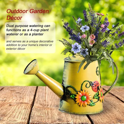 Miniatura 5 de Westcharm Florero decorativo de metal pequeño de 1 litro con girasol y mariquita para plantas de interior y exterior, decoración del hogar