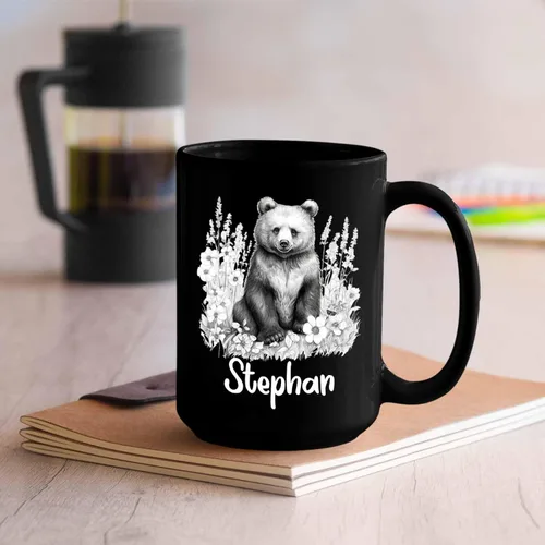 Miniatura 4 de Taza de café negra con diseño de oso de lápiz personalizada, regalo para los amantes de los osos, mamá y papá, taza de café de oso con dibujos
