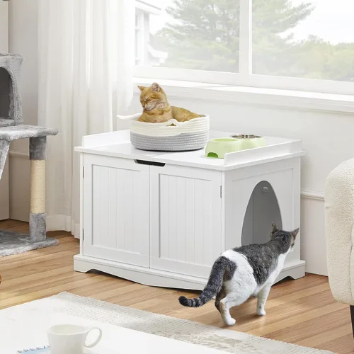 Miniatura 2 de Yaheetech Caja de arena para gatos, muebles de arena ocultos, baño para gatos, jaula para mascotas, banco de almacenamiento decorativo para Blanco
