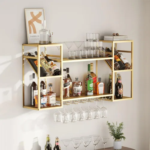 Miniatura 12 de KaKaBB Estante de vino montado en la pared, estantes de metal de 47 pulgadas de 2 niveles con soporte para vidrio, capacidad para 30 botellas y de 6