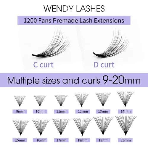 Miniatura 3 de Extensiones de pestañas postizas prefabricadas en abanico de WENDY LASHES, 1200 piezas, con volumen, rizado D, raíces cortas, base puntiaguda, 20D