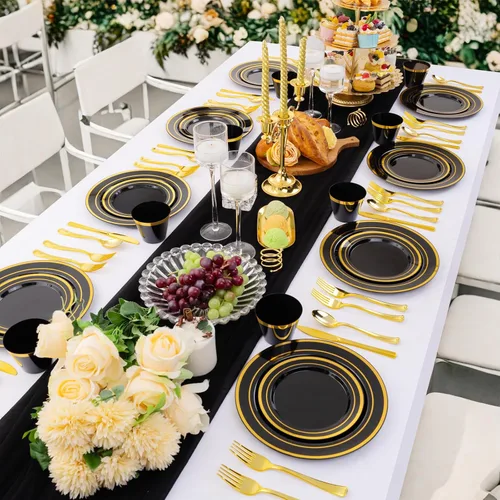 Miniatura 5 de WELLIFE Juego de vajilla desechable de 150 piezas, color negro y dorado, platos de plástico para fiestas, incluye 25 platos de ensalada, vasos