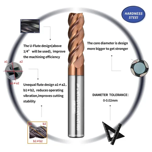 Miniatura 2 de Tools GSH Carburo Square End Mill, revestimiento ZrN, Fresa cuadrada para acero de aleación media, acero inoxidable, acero de dureza, mecanizado