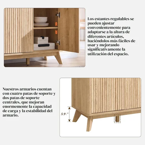 Miniatura 6 de T4TREAM - Gabinete grande de aparador con almacenamiento, mesa de buffet moderna estriada de 60" para barra de café, vino, gabinete de Roble natural