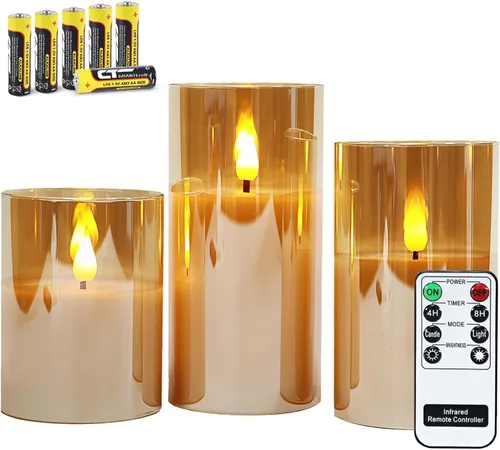 Rhytsing Velas de cristal doradas operadas por baterías con control remoto, juego de regalo de velas LED sin llama, luz blanca cálida - Incluyen 6