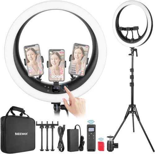 Miniatura 10 de NEEWER Anillo de luz LED RGB de 19 pulgadas con soporte, 3 soportes para teléfono, panel táctil, control de 2.4G/aplicación, 42W CRI97+ 2800lux/1.6
