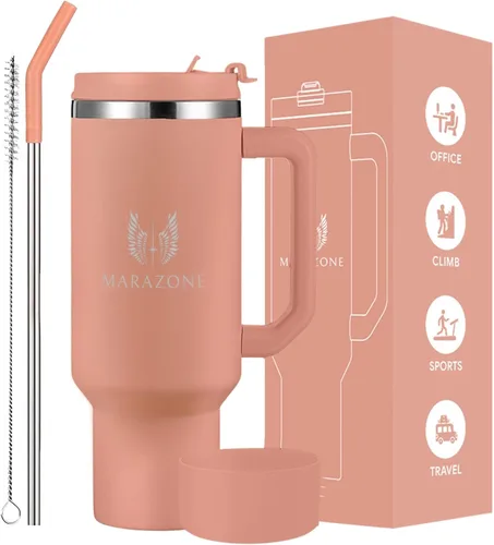 Miniatura 11 de MARAZONE Vaso aislado de 40 onzas con asa y pajilla – Taza de acero inoxidable de doble pared al vacío que cabe en portavasos de automóvil, taza