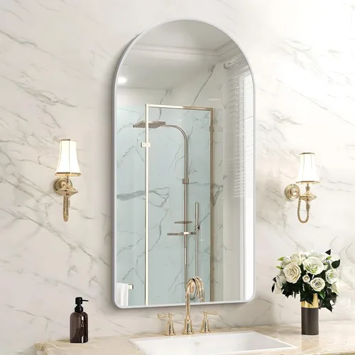 Miniatura 28 de FORBATH Espejo de baño arqueado de 16 x 24 pulgadas, espejo de baño negro montado en la pared, moderno marco de aleación de aluminio, espejo de arco