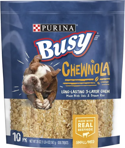 Huesos de perro de cuero crudo Purina Busy para razas pequeñas/medianas, Chewnola con avena y arroz integral - Bolsa de 10 unidades